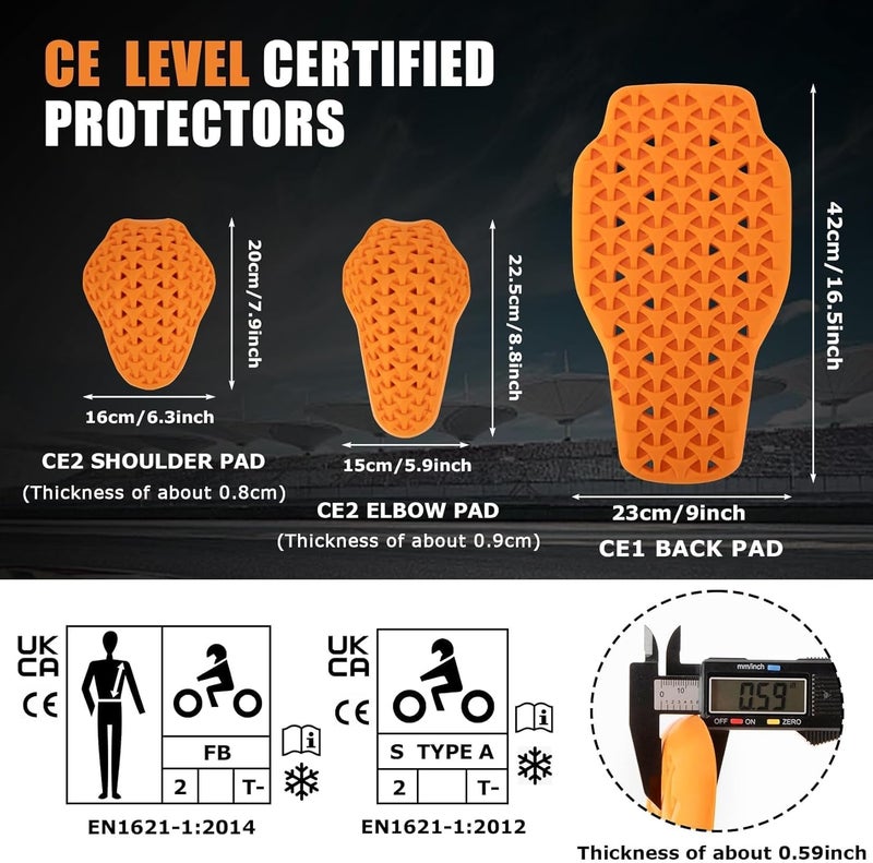 psler CE Level 1 Certified Motorcycle Armor Back Pad and CE Level 2 Certified Elbow and Shoulder Protection Pads Set,Motorcycle Armor Back Protector Inserts for Motorcycle Jackets,5PCS - Image 2
